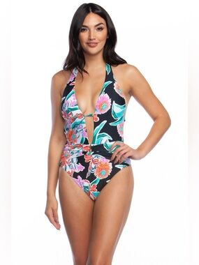 Trina Turk Tropical Wave Black Print Plunge One Piece Halter Swimsuit